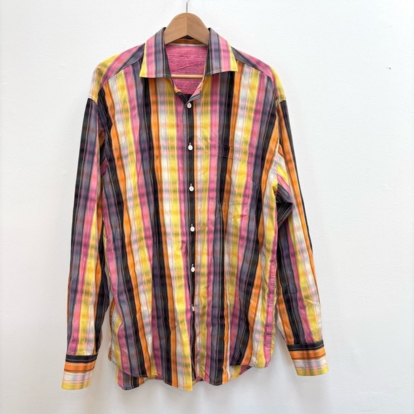 Bugatchi Uomo Men's Embroidered Flip Cuff Colorful Plaid Button Up Shirt XL - Picture 2 of 15